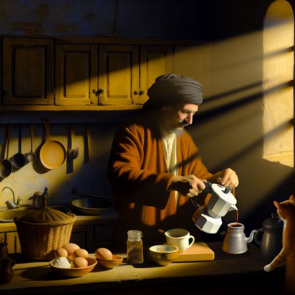 Gezellige keuken met persoon die koffie zet Een warme keuken met een persoon die koffie zet en omringd is door ontbijtingrediënten, met zonlicht dat door het raam stroomt.