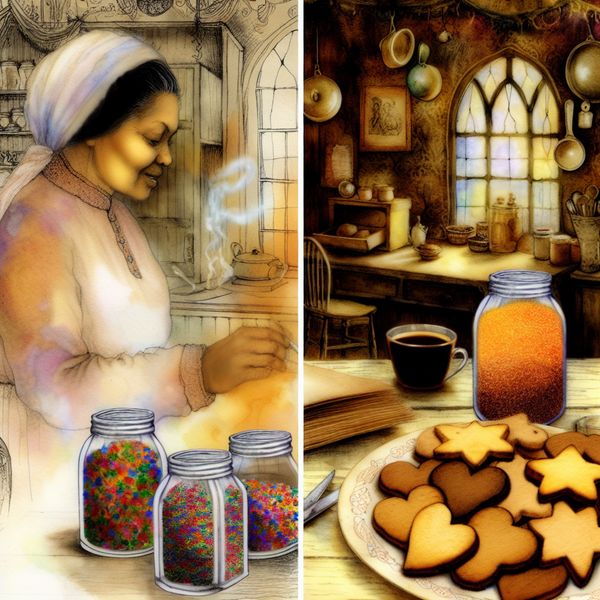 Nostalgische Keuken Met Moeder Die Koekjes Bakt Een moeder bakt blij koekjes in een gezellige keuken, omringd door kleurrijke ingrediënten in glazen potten.