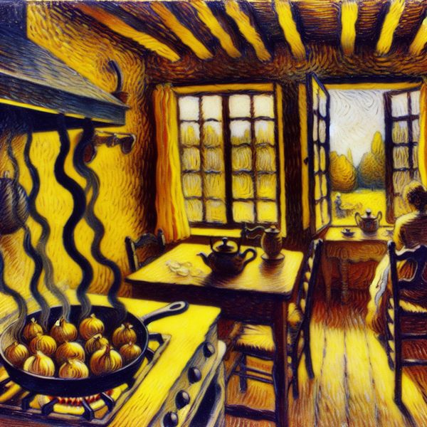 Culinaire chaos in een gezellige keuken Een gezellige keuken met een open raam waar zonlicht binnenstroomt, met een pan op het fornuis vol met licht verbrande uien die een ongewenste geur verspreiden. Een stel zit aan de tafel met een afgedwongen uitdrukking van walging.