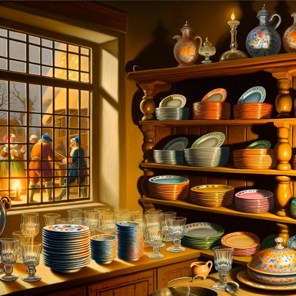 Gezellige keuken met stelling vol borden en glazen Gezellige keuken met houten stelling vol kleurrijke borden en glazen, verlicht door warm licht.