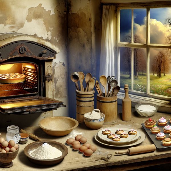 Een gezellige keuken met een mooi versierde taart in een traditionele oven en baking tools op het aanrecht.