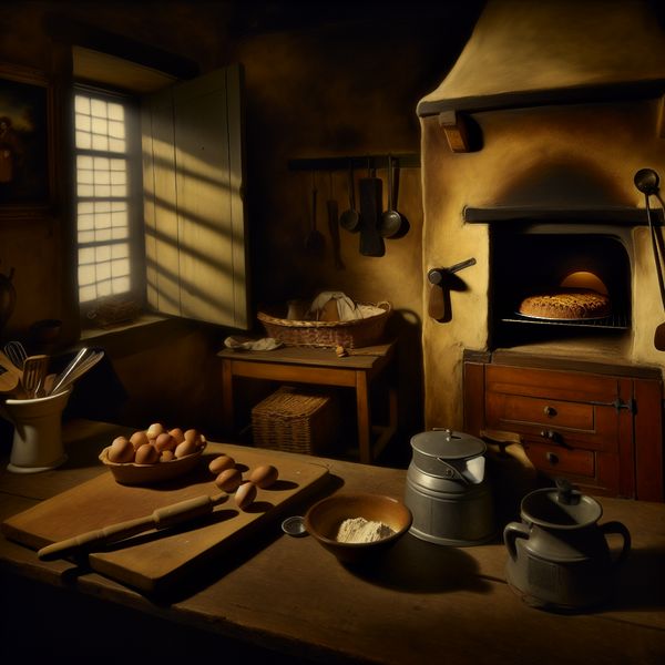 Een traditionele oven in een gezellige keuken, met een cake die aan het rijzen is, omringd door rustieke keukenaccessoires en verse ingrediënten.