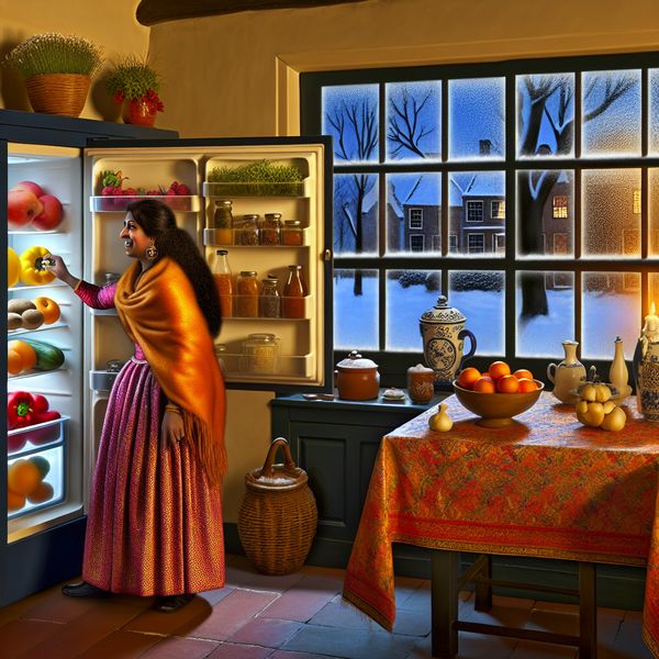 Gezellige Nederlandse keuken in de winter met koelkast vol kleur Een persoon kijkt nieuwsgierig in de koelkast van een gezellige Nederlandse keuken, met zicht op kleurrijke voeding en een winters landschap buiten.