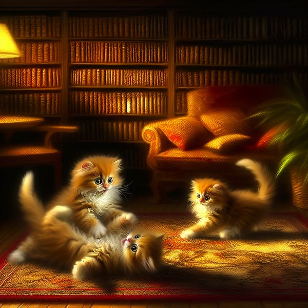 Speelse Kittens in een Gezellige Woonkamer Drie schattige en speelse kittens tussendoor op een zacht tapijt in een gezellige woonkamer.