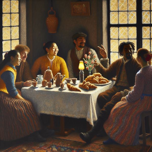 Gezellige koffiepauze met vrienden Een gezellige bijeenkomst van vrienden rond een tafel met koffiekoppen en gebakjes