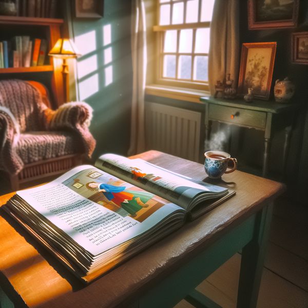 Gezellige leeshoek met tijdschrift en kopje thee Gezellige leeshoek met houten tafel en open tijdschrift vol kleurrijke illustraties, verwarmd door zacht licht uit het raam.