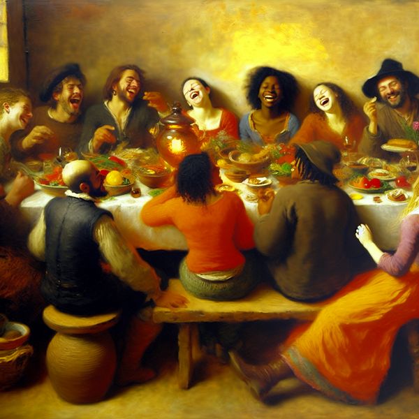 Gezellige Maaltijd met Vrienden: Samen Genieten van Eten Een groep vrienden deelt een maaltijd rond een rustieke houten tafel, met kleurrijke gerechten en vrolijke interacties.