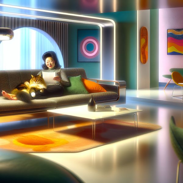 Cozy Retro-Futuristic Living Room with Cat Een gezellige woonkamer met retro-futuristisch ontwerp, een persoon ontspannend op een bank met een kat op schoot.