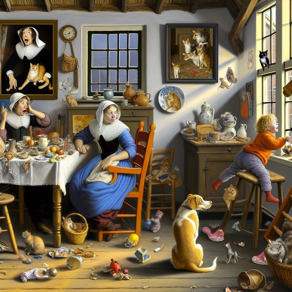 Gezellige Nederlandse woonkamer met vermiste kat Een gezellige Nederlandse woonkamer met een familie die verdrietig is om hun vermiste kat.