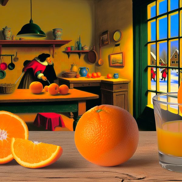 Gezellige Oranje Still-Life in een Nederlandse Keuken Vibrant still-life of oranges and juice in a traditional Dutch kitchen