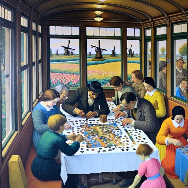 Kinderen en volwassenen bij een kleurrijke puzzeltafel in een treincompartiment, met uitzicht op Nederlandse windmolens buiten