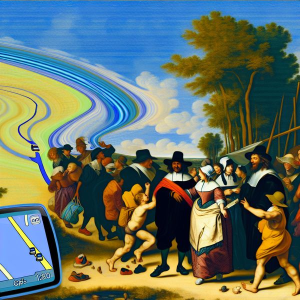 Gezellige reis naar het strand met GPS-route Groep mensen die een schilderachtig pad door het platteland volgen naar het strand, met een GPS-apparaat dat de beste route toont.