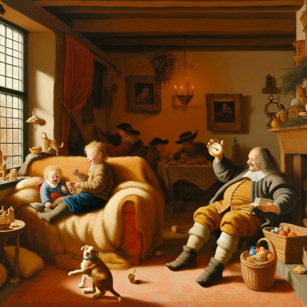 Comfortabele rustplaats in een gezellige woonkamer Een persoon zit comfortabel op een zachte bank in een gezellige woonkamer, omringd door leuke karakters, waaronder een kind dat met speelgoed speelt en een huisdier dat relax.