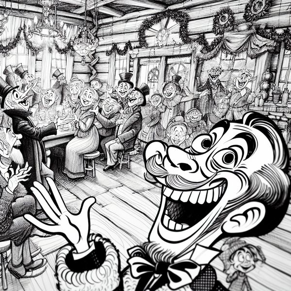 Gezellige feestavond met nadruk op warme sfeer - Nederlandse uitdrukking 'zo'n gezellige sfeer' Kleurrijke cartoon van een gezellige indoor feestavond met levendige personages die lachen en praten, benadrukkend een warme en uitnodigende sfeer