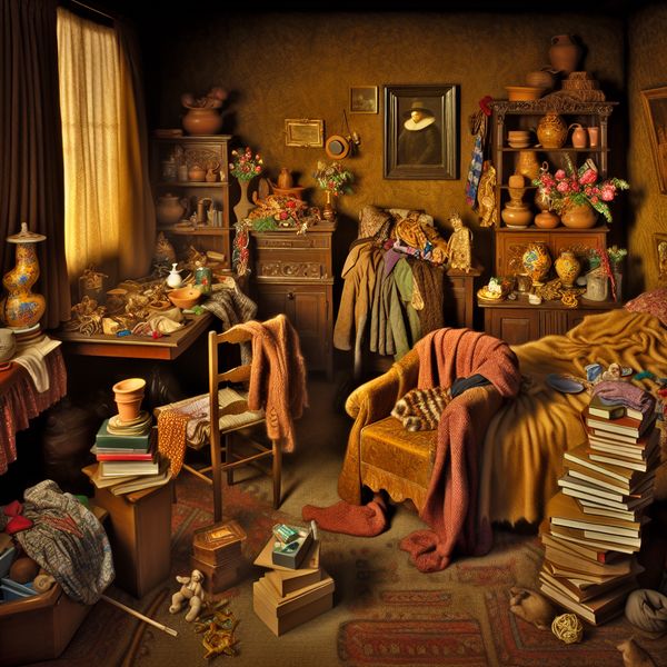 Gezellige slaapkamer met informele voorwerpen Een warm ingerichte slaapkamer vol informele voorwerpen, zoals kleding op een stoel en stapels boeken, verlicht door dramatisch licht.