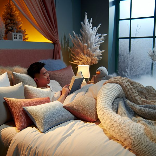 Gezellige slaapkamer met comfortabel bed en winterdecoraties Een gezellig slaapkamer tafereel met een opgemaakt bed, fluffy kussens en warme dekens, terwijl iemand ontspant en een boek leest.