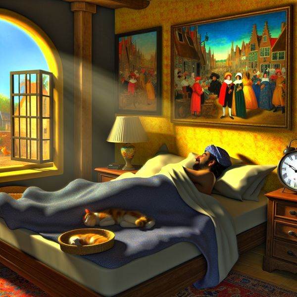 Gezellige slaapkamer met iemand die lekker uitrust in bed Een persoon slaapt vredig in een net opgemaakt bed, met zonlicht dat door een raam naar binnen stroomt.