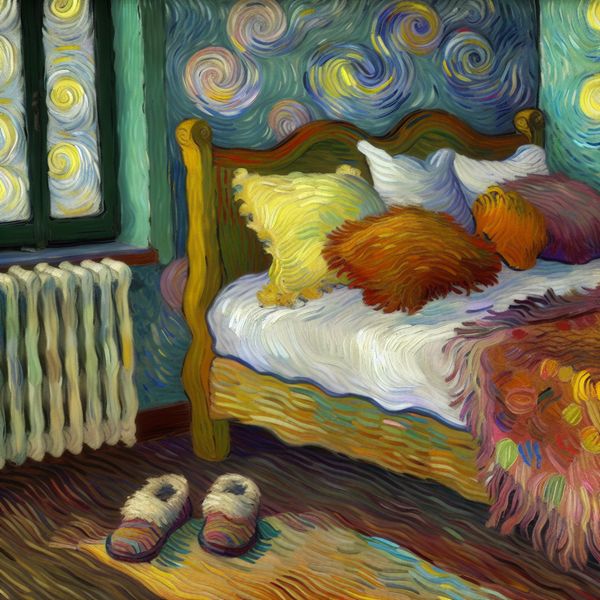 Gezellige slaapkamer in Van Gogh-stijl voor ultieme comfort Een gezellige slaapkamer in de stijl van Vincent van Gogh met een uitnodigend bed