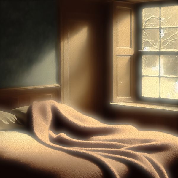Gezellige slaapkamer met warme deken en sneeuw Een serene slaapkamer met een gezellig bed, bedekt met een warme deken, lichteffecten en sneeuw buiten.