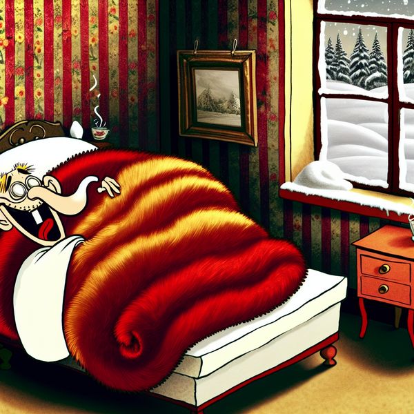 Gezellige slaapkamer in winter met warme deken Een cartoonachtige tekening van een gezellige slaapkamer in de winter met een personage dat onder een warme deken kruipt.