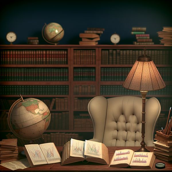 Een gezellige studeerkamer met open boeken, een globe en een comfortabele fauteuil, die een sfeer van scholarly onderzoek uitstraalt.
