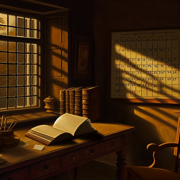Cozy Study Room in Warm Afternoon Light Een gezellige studeerkamer met een tafel vol boeken en warm licht van een groot raam