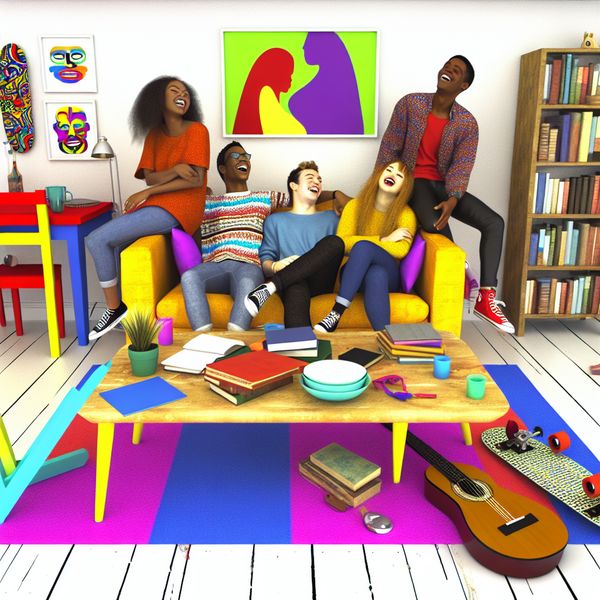 Illustratie van een gezellige woonkamer met studenten die samen ontspannen op een bank