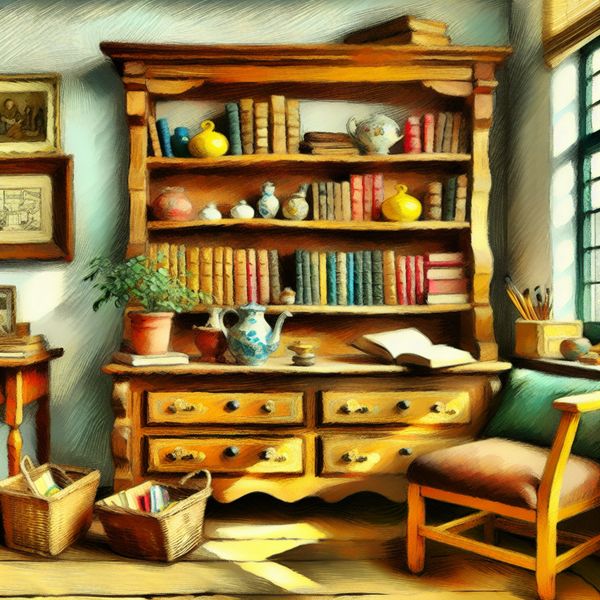 Gezellige studiekamer met stijlvolle boekenplank Stijlvolle houten plank met boeken en decoraties in een gezellige studieomgeving