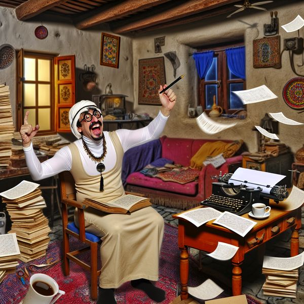 Creatieve studie met boeken en humor Een persoon in een rommelige studeerkamer houdt een pen vast en wijst op een open boek op een bureau, omringd door boeken en koffie.