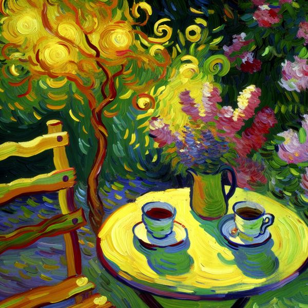 Gezellige tafel voor afternoon tea met twee theekopjes, omgeven door bloeiende bloemen in een zonnige tuin.