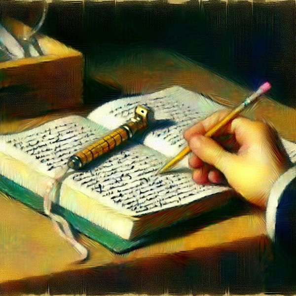 Gezellige tafelsetting met notitieboek en schattig pennetje Een gezellige tafelsetting met een groot notitieboek en een schattig pennetje, omringd door notities.