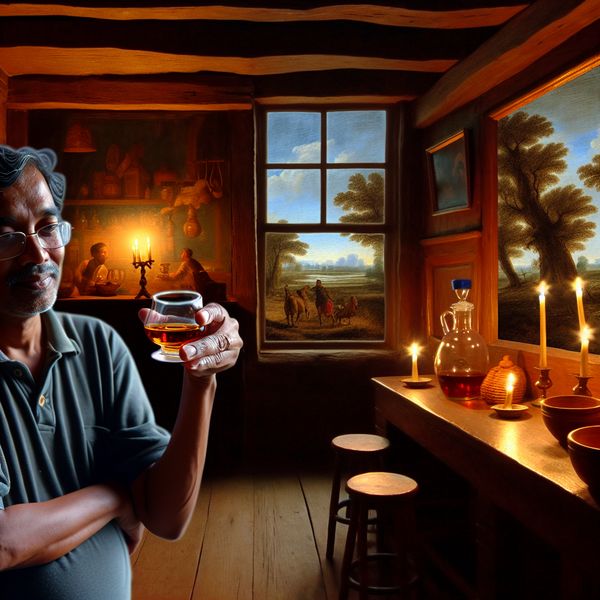 Gezellige Taveerne met Borrelgenot Gezellige taveerne-interieur met man die een snifter glas vasthoudt