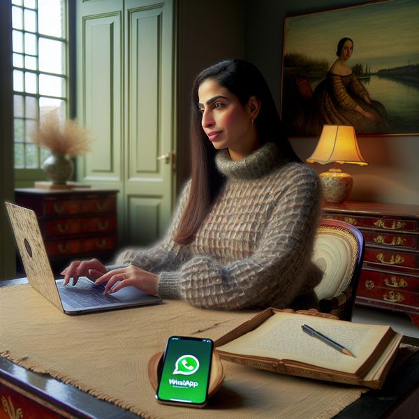 Communicatie in een gezellige thuiskantoor Jonge vrouw in een gezellige thuiskantoor, vrolijk kijkend naar haar laptop terwijl een WhatsApp-bericht op haar kleurrijke telefoon verschijnt.