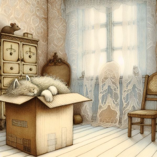 Gezellige vintage kamer met slapende kat in kartonnen doos Een gezellige vintage kamer met een slapende kat in een grote, sierlijke kartonnen doos, omringd door oud-jaars meubilair.