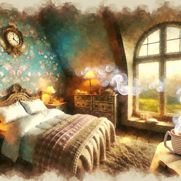 Cozy vintage slaapkamer met ochtendlicht en uit-slapen thema Een gezellige vintage slaapkamer met een fluffy bed, open boek en een dampende kop thee, in zachte ochtendlicht.