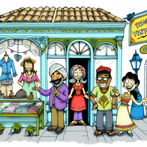Gezellige Vintage Winkel met Diverse Karakters Illustratie van een kleine vintage winkel met unieke kleding en een diverse groep vriendelijke karakters die klanten begroeten.