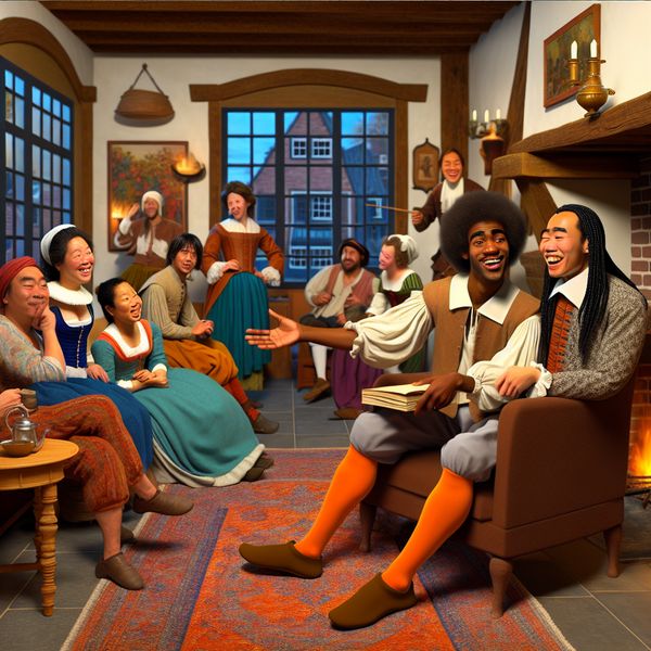 Gezellige vrienden met boekuitwisseling Vrolijke vrienden in een gezellige woonkamer, waarbij iemand een boek aan een zittende vriend overhandigt.