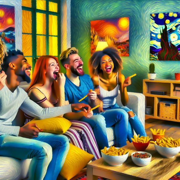 Vriendelijke Samenkomst in een Gezellige Woonkamer Een gezellige woonkamer met vrienden die samen op de bank zitten, lachend en snacks delen terwijl ze naar een film kijken.