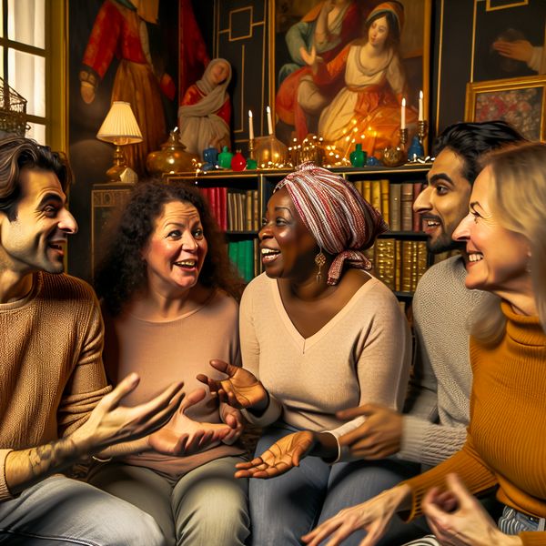 Hechte Vriendschappen in een Gezellige Kamer Een diverse groep vrienden in een gezellige kamer, bezig met levendige conversatie en omringd door vrolijke decoraties.