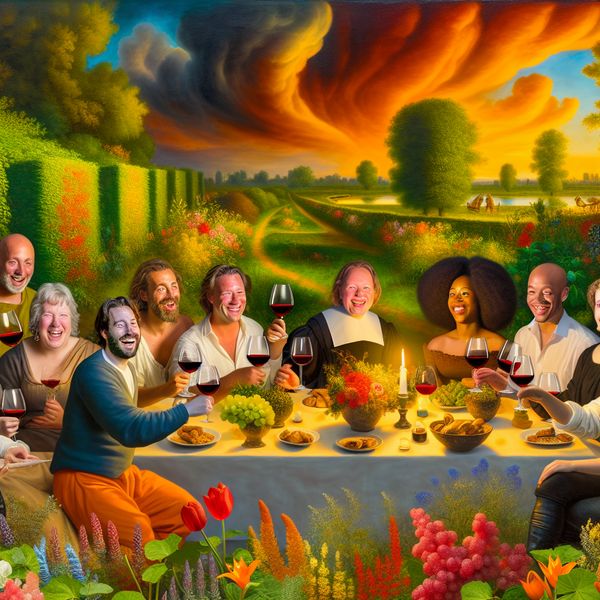 Groep vrienden proeft wijn aan een sfeervol buiten tafel, omringd door groen planten en bloemen.