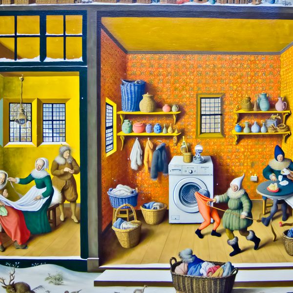 Gezellige Winter Kamer met Muren en Figuren Winterse scène in een gezellige kamer met muren, waar figuren bezig zijn met activiteiten zoals was doen en ordenen.