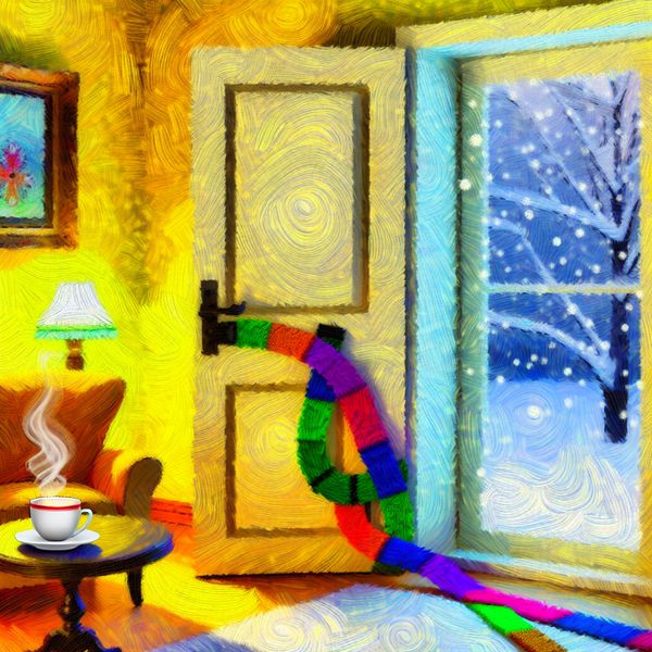 Gezellige winter woonkamer met kleurrijke tochtband Een gezellige woonkamer in de winter met een kleurrijke tochtband onder een gesloten deur en zicht op sneeuw buiten.