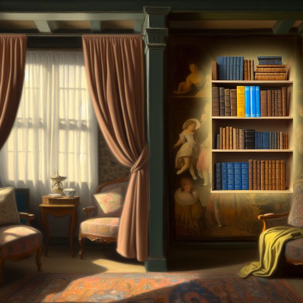 Boekenkasten in een gezellige woonkamer met boekenreeks Gezellige woonkamer met twee boekenkasten, het eerste boek in een serie met felgekleurde omslag en het tweede boek met een intrigerende omslag.