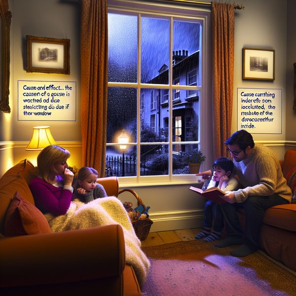 Gezellige woonkamer met gezin tijdens regenachtig weer Gezellige woonkamer met een familie die samen is, terwijl het buiten regent. Een ouder leest een boek voor aan kinderen.