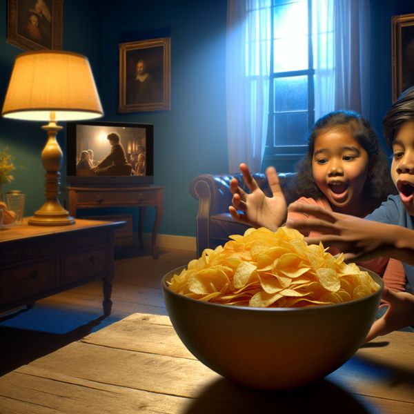 Gezellige woonkamer met gezin en snacks Gezellige woonkamer met een familie die samen naar een film kijkt, terwijl kinderen enthousiast naar een grote kom aardappelchips reiken.