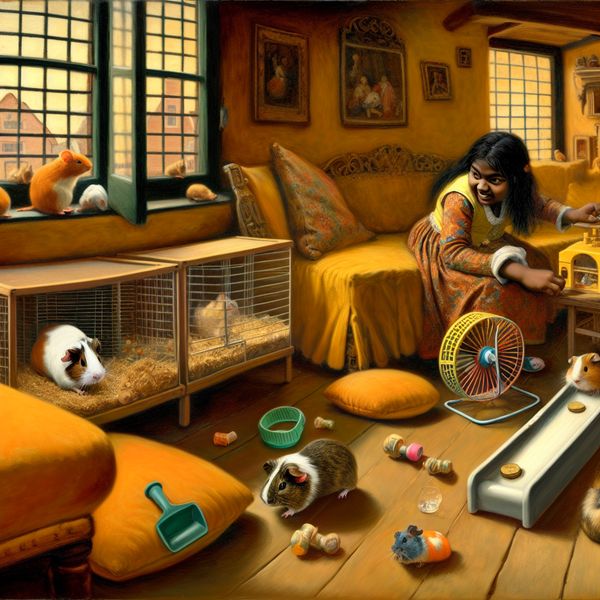 Gezellige woonkamer met huisdieren Een jonge meid verzorgt een cavia in een gezellige woonkamer met hamsters in hun kooien, omringd door speelgoed en zonlicht.