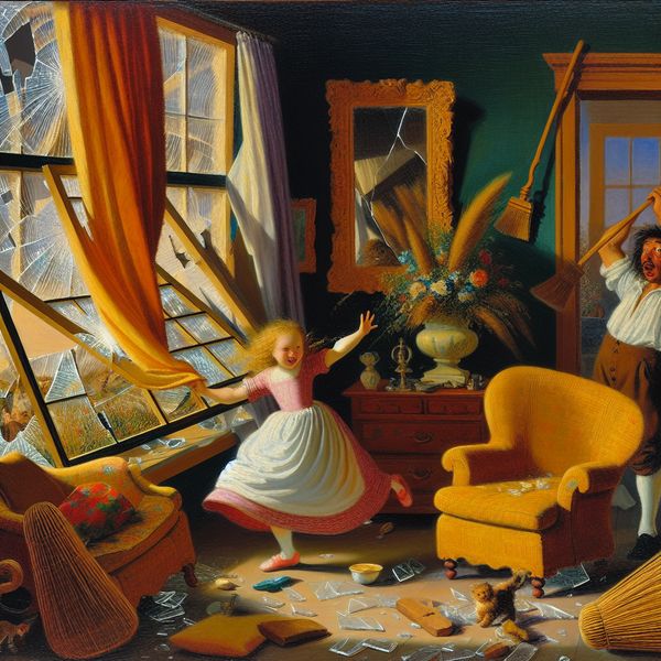 Gezellige woonkamer met kapot raam in de stijl van Jan Steen Een jonge meid die een wapperend gordijn probeert te vangen in een gezellige woonkamer met een kapot raam na een storm.