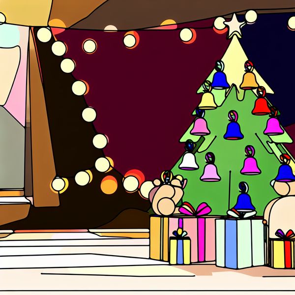 Kerstdecoratie in een Gezellige Woonkamer Een gezellige woonkamer met een prachtig versierde kerstboom, versierd met kleurrijke belletjes en kerstcadeaus.