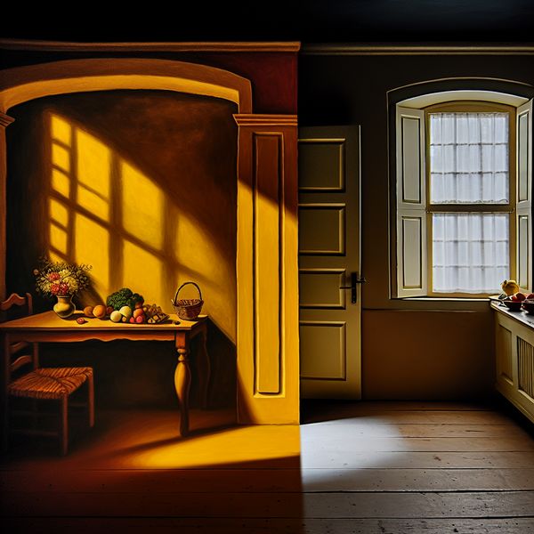 Gezellige Woonkamer en Keuken Setting Gezellige woonkamer verlicht door warm licht met een zicht op een levendige keuken aan de linkerkant