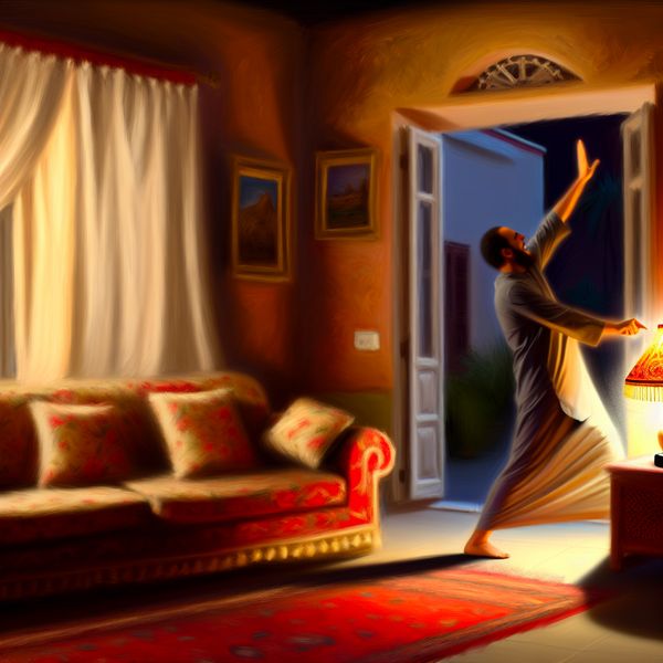 Een persoon in een gezellige woonkamer die een lamp uitschakelt, met warme verlichting en uitnodigende meubels.